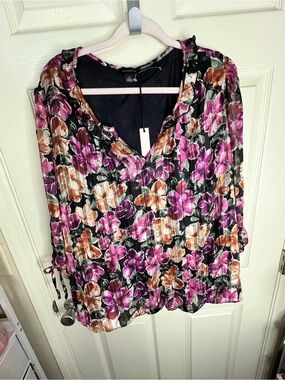 Women’s Floral V-Neck Blouse in Black with Pink & Brown Flowers